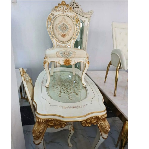 QUALITY DESIGNED ROYAL WHITE & GOLD DINING TABLE WITH 6 CHAIRS - AVAILABLE (OKAF)