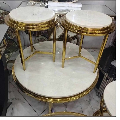 QUALITY DESIGNED WHITE ROUND MARBLE TOP CENTER TABLE WITH 2 SIDE STOOLS - AVAILABLE (MOBIN)