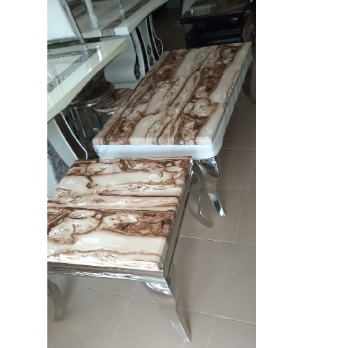 QUALITY DESIGNED LIGHT BROWN MARBLE TOP CENTER TABLE WITH 2 SIDE STOOLS - AVAILABLE (MOBIN)