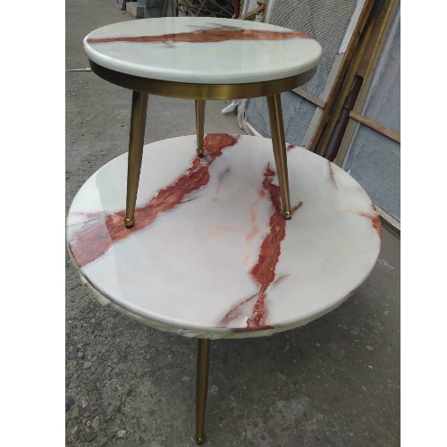 QUALITY DESIGNED WHITE & BROWN MARBLE TOP CENTER TABLE WITH 3 LEGS SIDE STOOLS - (JAFU)