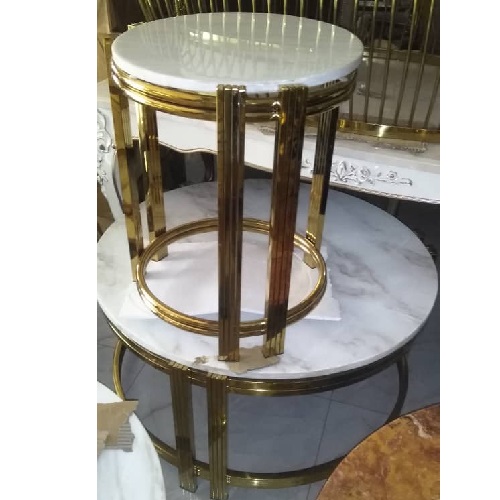 QUALITY DESIGNED WHITE MARBLE TOP & GOLD FRAME ROUND CENTER TABLE & 2 SIDE STOOLS - (JAFU)