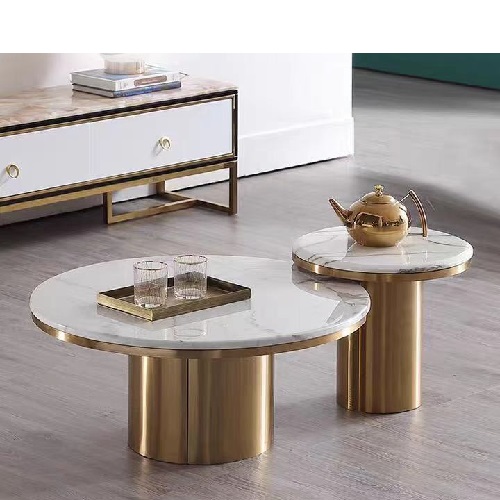 QUALITY DESIGNED WHITE MARBLE TOP WITH GOLD ROUN BASE CENTER TABLE & 2 SIDE STOOLS - (JAFU)