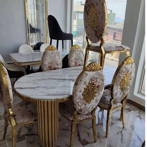 QUALITY DESIGNED WHITE & GOLD MARBLE TOP DINING BY 6 CHAIRS - AVAILABLE (JAFU)