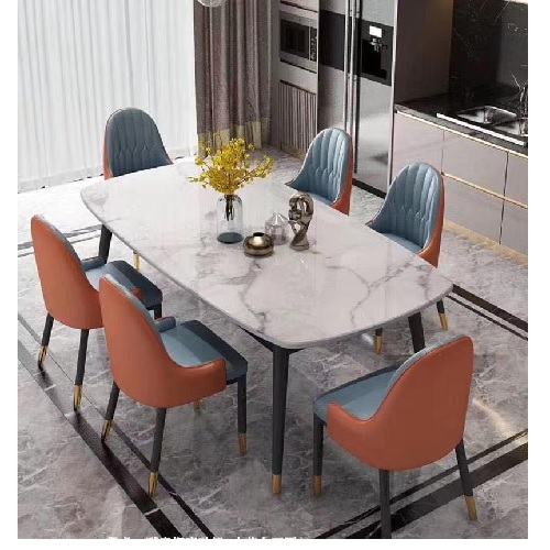 QUALITY DESIGNED ROYAL WHITE MARBLE & GREY/ORANGE DINING TABLE WITH 6 CHAIRS - AVAILABLE (OKAF)