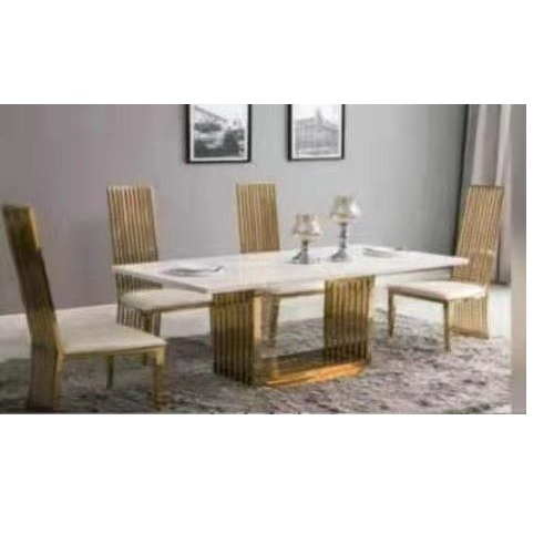 QUALITY DESIGNED WHITE & BROWN MARBLE DINING BY 6 CHAIRS - AVAILABLE (JAFU)