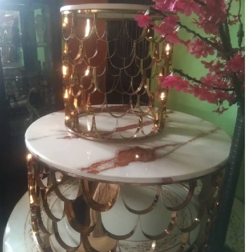 QUALITY DESIGNED ROUND WHITE MARBLE TOP CENTER TABLE WITH GOLDEN FRAME & 2 SIDE STOOLS - (JAFU)