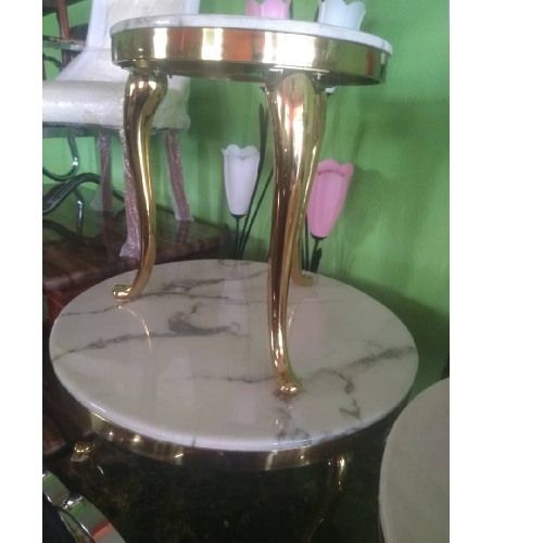 QUALITY DESIGNED WHITE ROUND MARBLE TOP CENTER TABLE WITH GOLD LEGS & 2 SIDE STOOLS - AVAILABLE (JAFU)