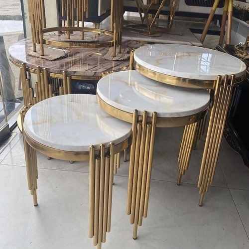 QUALITY DESIGNED WHITE TOP ROUND CENTER TABLE WITH GOLDEN FRAME & 3 SIDE STOOLS - AVAILABLE (SAINT)