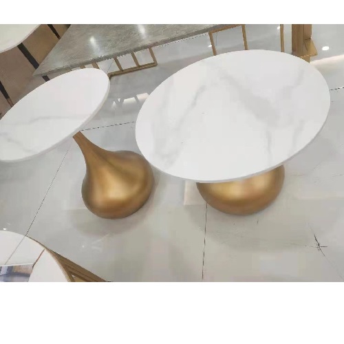 QUALITY DESIGNED WHITE ROUND MARBLE TOP AND GOLDEN BASE CENTER TABLE & 2 SIDE STOOLS - AVAILABLE (JAFU)