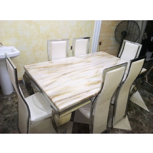 QUALITY DESIGNED WHITE & BROWN TOP DINING TABLE WITH 6 CHAIRS -AVAILABLE (SATEC)