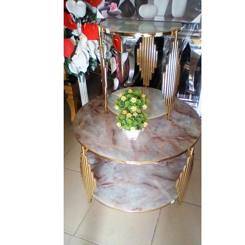 WHITE & BROWN MARBLE TOP CENTER TABLE & 4 SIDE STOOLS (1530)