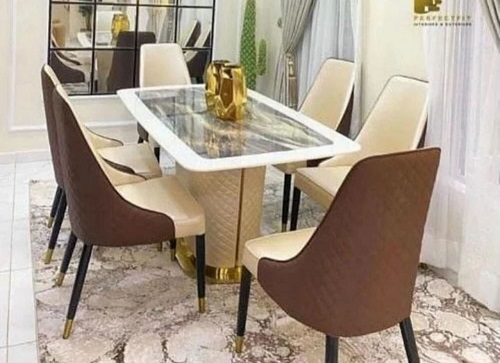 CREAM & BROWN BY 6 CHAIRS AND WHITE & GRAY DINING TABLE (1530)