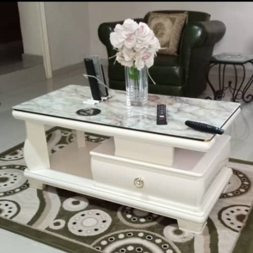 WHITE CENTER TABLE WITH MARBLE TOP AND DRAWER (OFU)