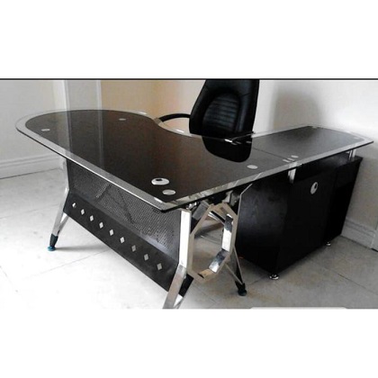 BLACK & SILVER GLASS TOP OFFICE TABLE WITH EXTENSION (1530)