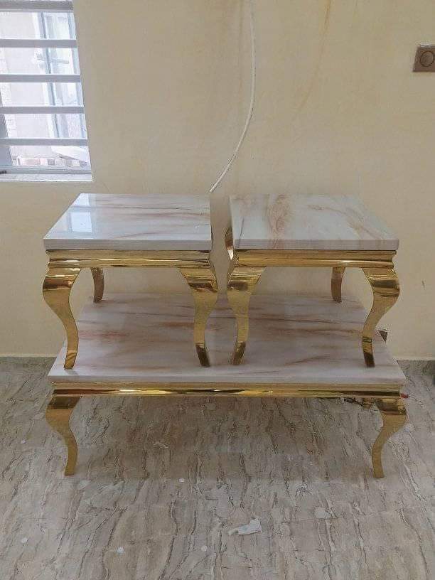 WHITE MARBLE TOP CENTER TABLE AND 2 SIDE STOOLS WITH GOLDEN LEGS (1530)
