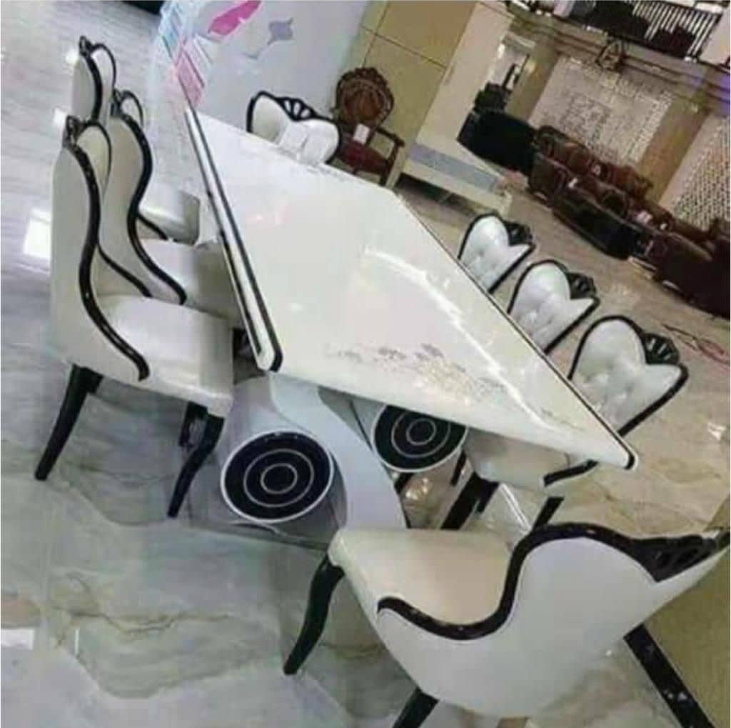 ROYAL WHITE & BLACK MARBLE TOP DINING SET BY 8 CHAIRS (1530)