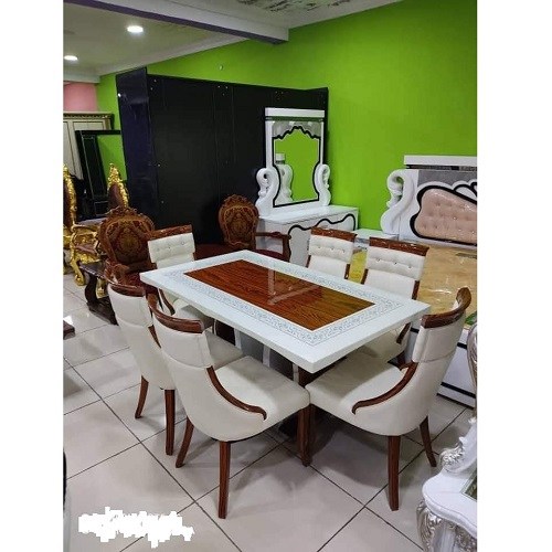 QUALITY DESIGNED WHITE & BROWN MARBLE TOP DINING SET - AVAILABLE (SOFU)