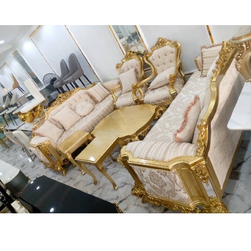 QUALITY DESIGNED 7 GOLD & CREAM SOFA CHAIRS (WITHOUT CENTER TABLE & SIDE STOOLS) – AVAILABLE (SETIN)