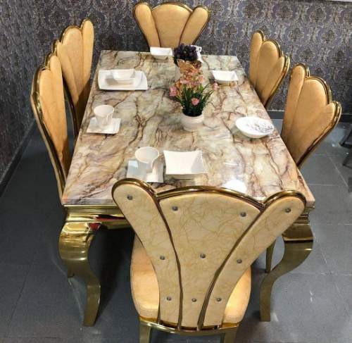 BROWN MARBLE TOP DINING TABLE BY 6 ROYAL ORANGE FLOWER DESIGN CHAIRS (1530)