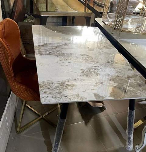 WHITE & BROWN RECTANGULAR MARBLE TOP WITH FOUR BLACK LEGS DINING TABLE (1530)