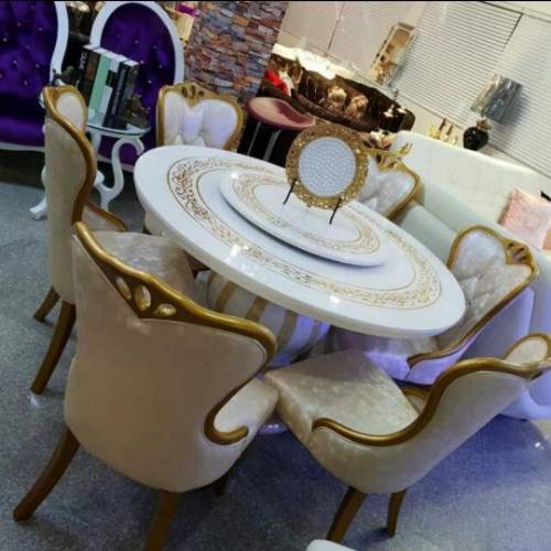 WHITE & GOLDEN DESIGN ROUND MARBLE TOP DINING TABLE BY 6 CREAM CHAIRS (1530)