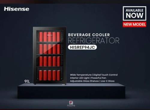 Hisense Showcase | Beverage Display Cooler, 91 Litres, R600, 3 Glass Shelf, Led lamp, Silent Compressor, Black Colour - FL 94 CJ