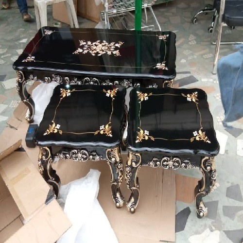 QUALITY DESIGNED ROYAL BLACK & GOLD TABLE WITH 2 SIDE STOOLS - AVAILABLE (SAINT)