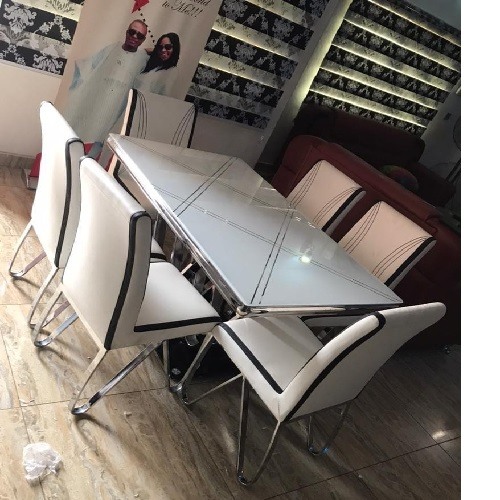 QUALITY DESIGNED WHITE MARBLE TOP DINING TABLE WITH 6 CHAIRS - AVAILABLE (SAINT)