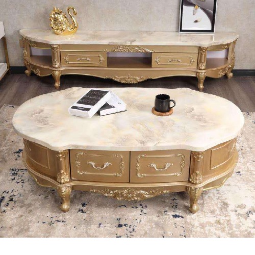 QUALITY DESIGNED OVAL WHITE MARBLE TOP CENTER TABLE WITH GOLD FRAME & 2 SIDE STOOLS- AVAILABLE (JAFU)