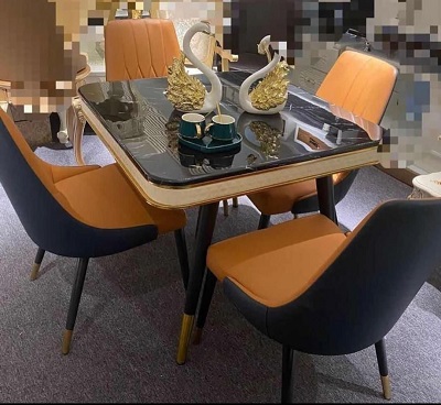 BLACK SQUARE MARBLE TOP DINING TABLE WITH 4 ORANGE & BLACK CHAIRS (YOFU)