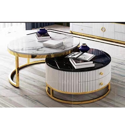 1 PC OF WHITE ROUND MARBLE TOP CENTER TABLE & 1 PC OF BLACK ROUND MARBLE TOP CENTER TABLE WITH GOLDEN ROUND BASE WITH DRAWERS (YOFU)