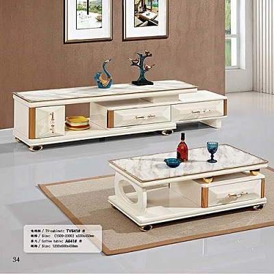BROWN MARBLE TOP TV STAND WITH DRAWER/ CUPBOARD (YOFU)