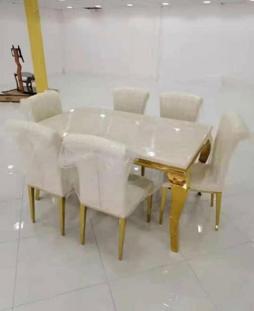 CREAM MARBLE TOP DINING TABLE WITH 6 CHAIRS AND GOLDEN LEGS (YOFU)