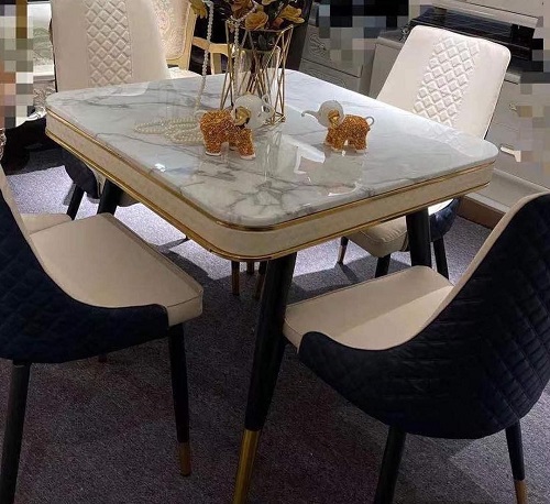 WHITE SQUARE MARBLE TOP DINING TABLE WITH BLACK & CREAM CHAIRS BY 4 (YOFU)