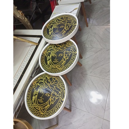 3 PCS OF ROUND VERSACE DESIGN TOP SIDE STOOLS WITH GOLDEN LEGS (YOFU)