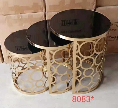 3 PCS OF BLACK ROUND GLASS SIDE STOOLS WITH GOLDEN BAR (NWAFU)