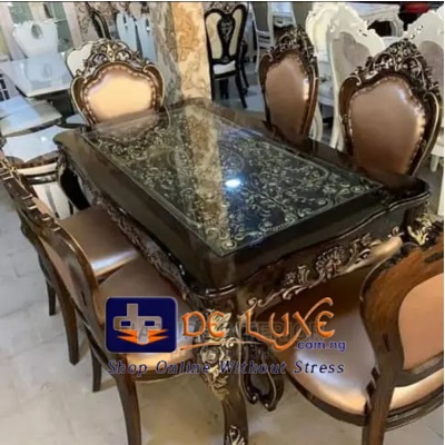 ORANGE & ROYAL BROWN MARBLE TOP DINING TABLE 6 SEATERS (NWAFU)