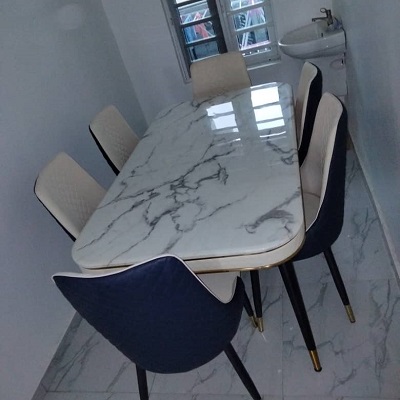 CREAM & NAVY BLUE MARBLE DINING TABLE 6 SEATER (NWAFU)
