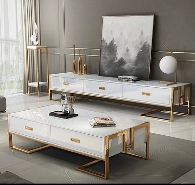 WHITE AND GOLD RECTANGULAR CENTER TABLE WITH DRAWER & TV STAND WITH 3 DRAWERS (NWAFU)