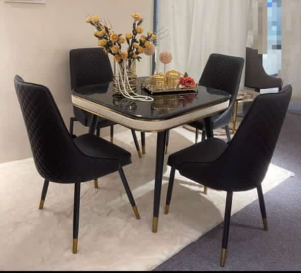 BLACK SQUARE MARBLE TOP DINING TABLE WITH 4 BLACK CHAIRS ( YOFU)