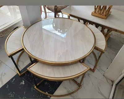 WHITE ROUND MARBLE TOP CENTRE TABLE WITH 3 SIDE STOOLS (NWAFU)