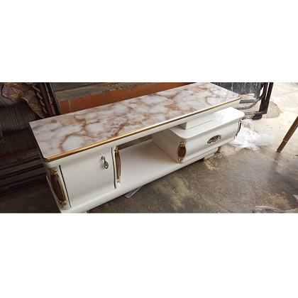CREAM & BROWN MARBLE TOP TV STAND WITH DRAWER (YOFU)