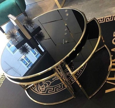 1 BLACK ROUND GLASS CENTER TABLE WITH GOLDEN BASE & 3 SIDE STOOLS (NWAFU)