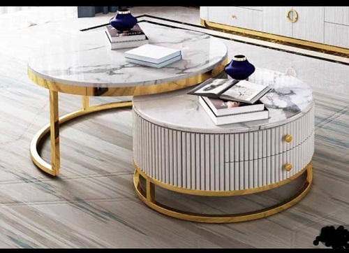 WHITE ROUND MARBLE TOP CENTER TABLE (2PCS) & GOLD BASE WITH DRAWER (NWAFU)