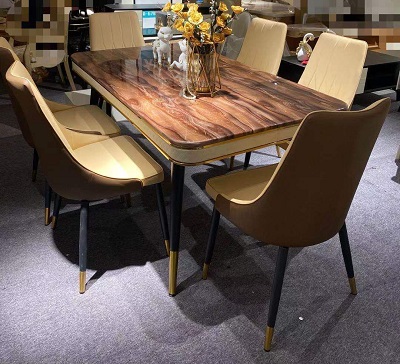 BROWN & CREAM RECTANGULAR DINING TABLE WITH 6 BROWN & CREAM CHAIRS (NAFU)