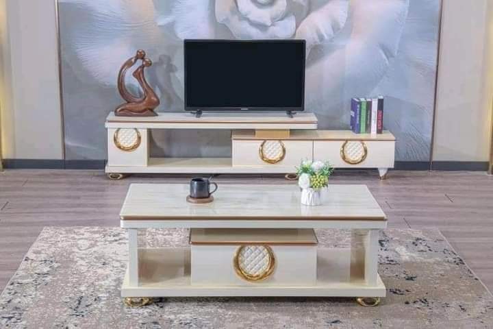 WHITE CENTER TABLE & TV STAND WITH GOLD DESIGN AND DRAWERS (NAFU)
