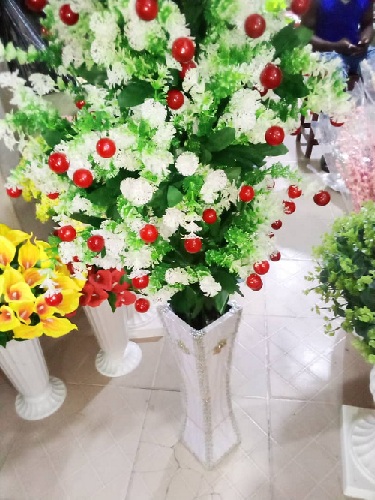 WHITE FLOWER POT WITH GREEN WHITE & RED FLOWERS (IWSL)