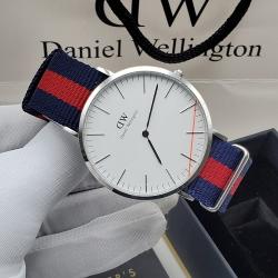 DANIEL WELLINGTON EXCLUSIVE BLUE AND RED LEATHER WRISTWATCH WITH SILVER AND WHITE SCREEN (SAWW)