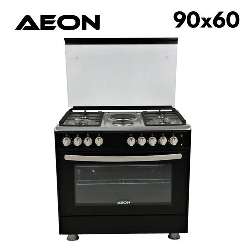 Aeon Gas Cooker 90x60 with 4 gas + 2 hot plates and 2 gas oven burners, inox hob, black color, euro pool - FF9422GBZJ